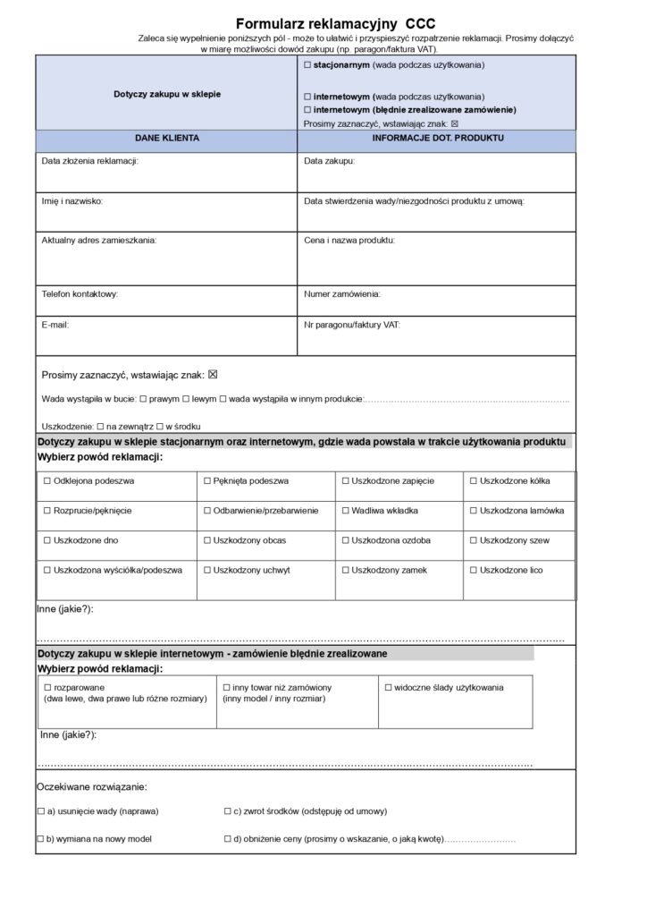  formularz reklamacji CCC