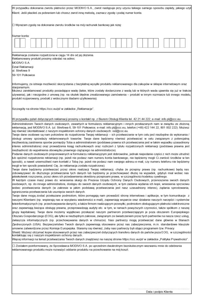  formularz reklamacji CCC 2